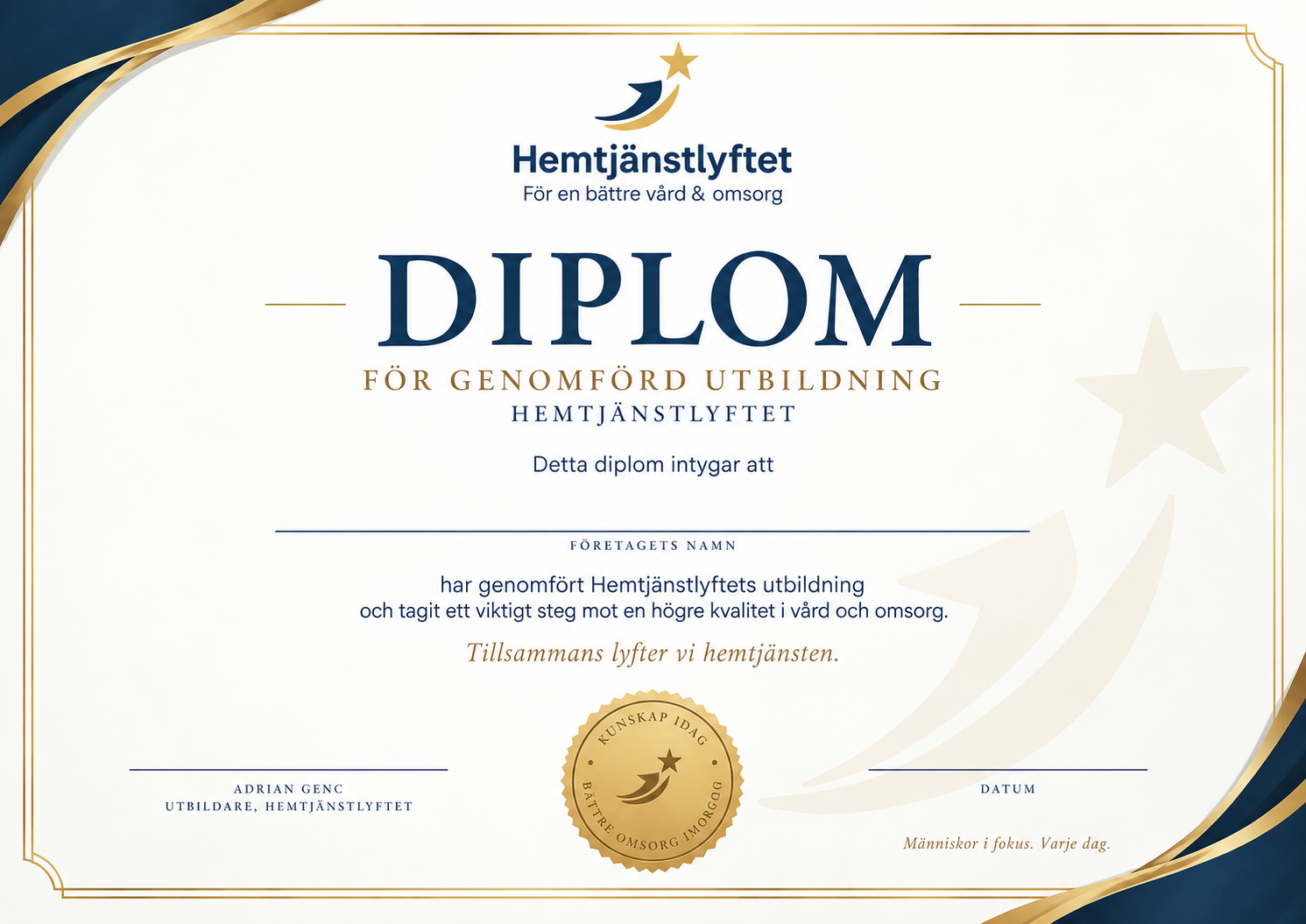 Hemtjänstlyftet-diplom för genomförd utbildning